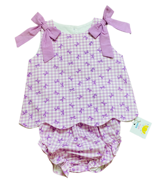Gingham Tie Diaper Set, Purple
