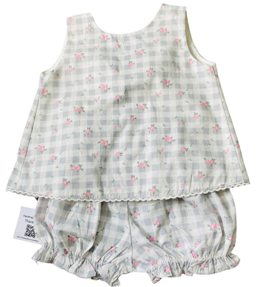 Gingham Floral Bloomer Set, Gray