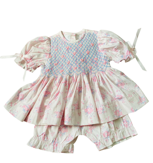 Smocking Tie Floral Bloomer Set, Pink