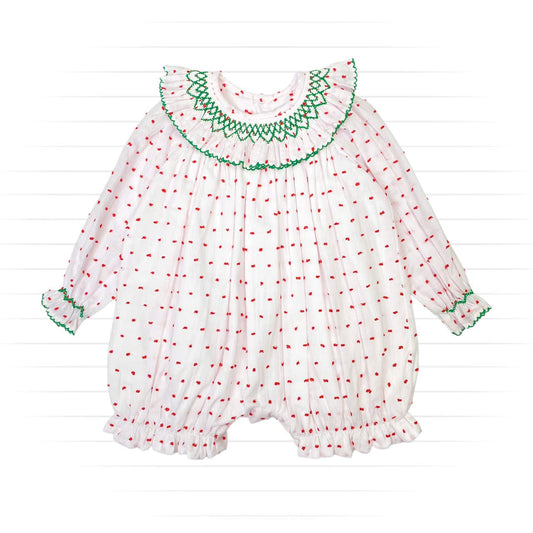 Puffy Polka Dot Smocked Bubble, White