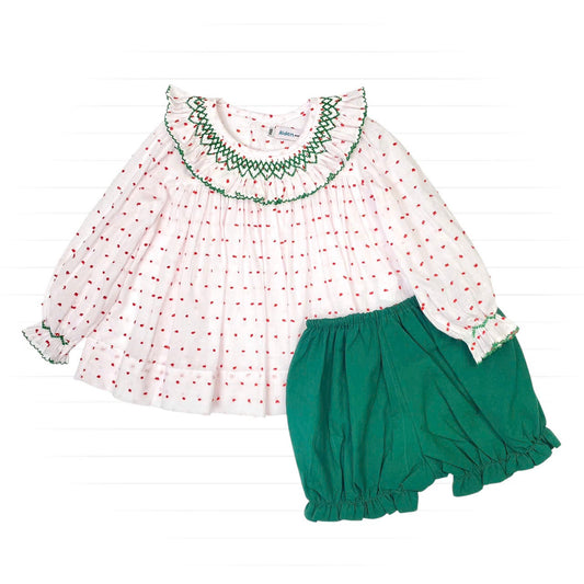 Puffy Polka Dot Smocked Diaper Set, White