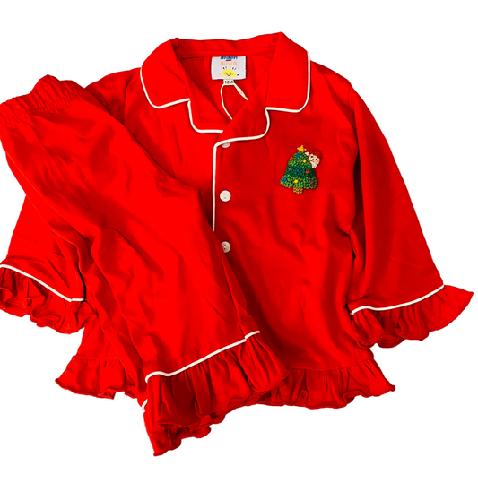 Peek A Boo Santa Flutter Trim Pajama Set, Red