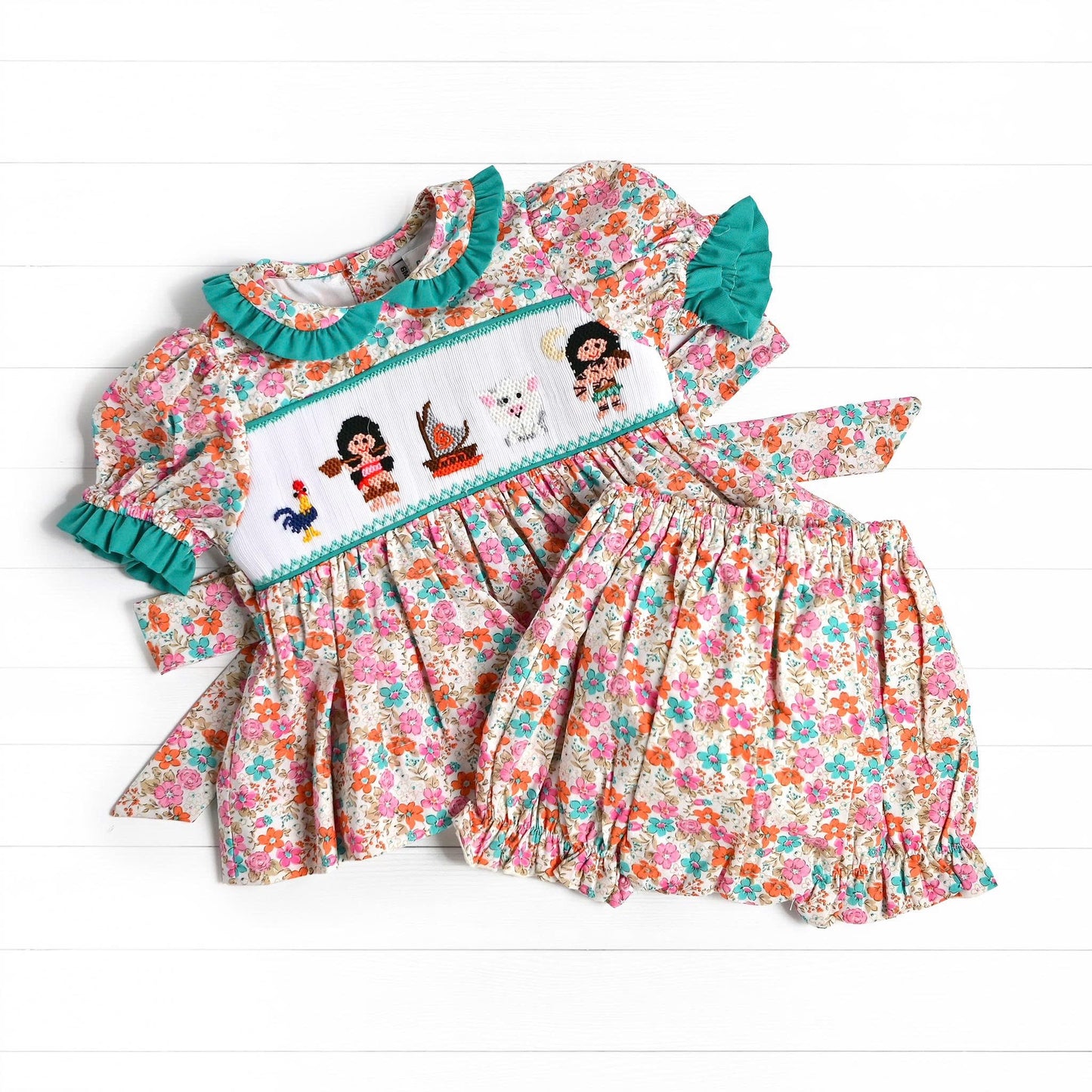 Princess Smocked Diaper Set, Teal