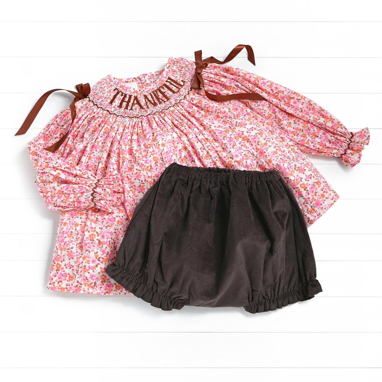 Thankful Smocked Diaper Set, Brown