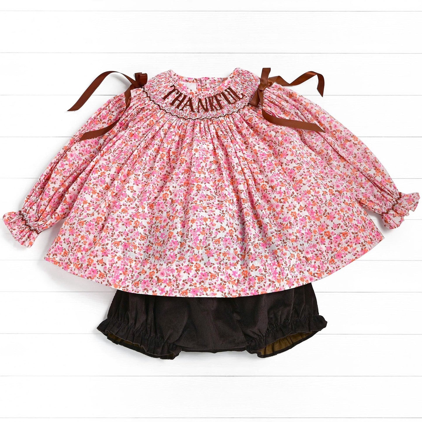 Thankful Smocked Diaper Set, Brown