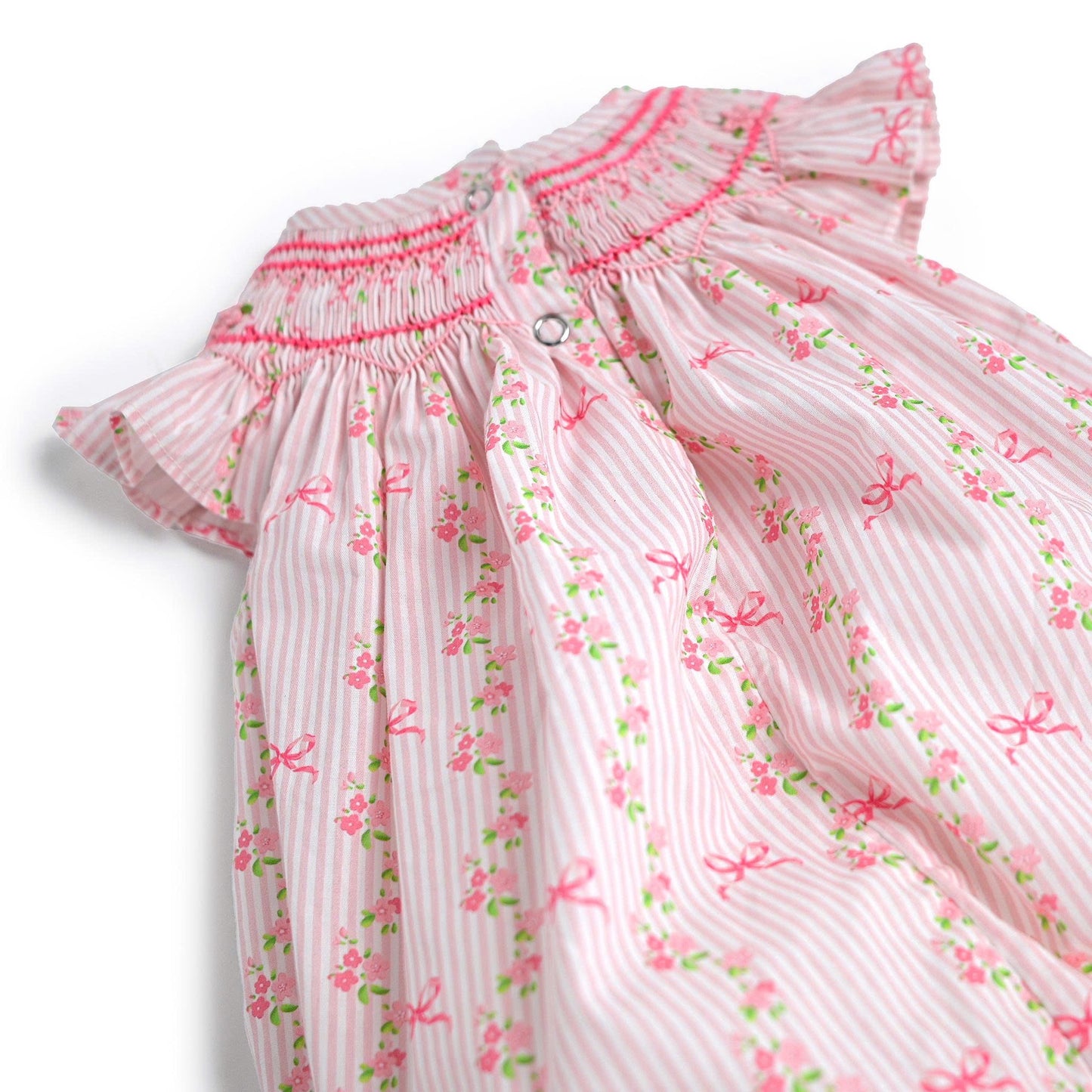 Floral Bow Smocked Bubble, Pink