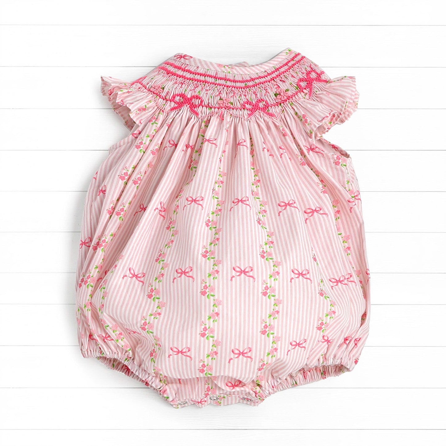 Floral Bow Smocked Bubble, Pink
