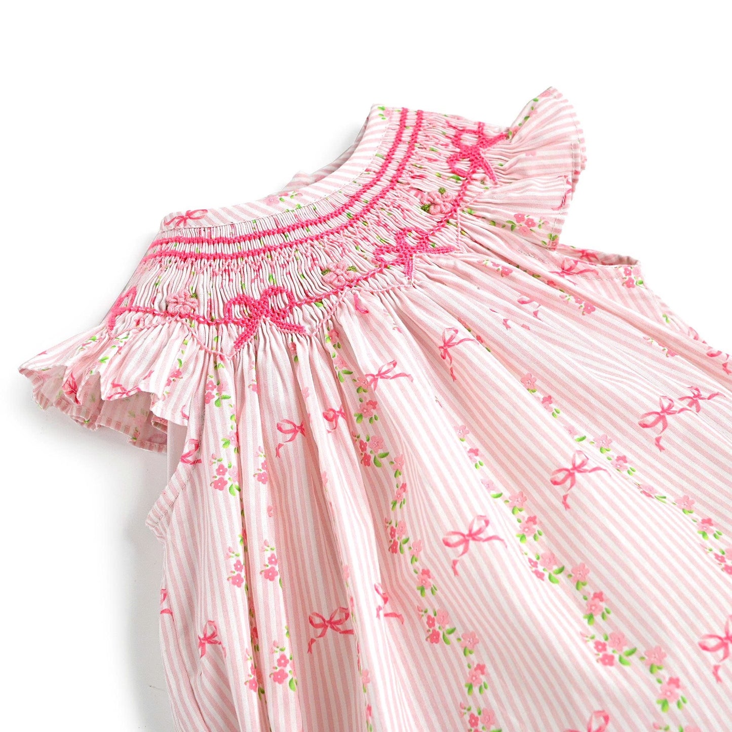 Floral Bow Smocked Bubble, Pink