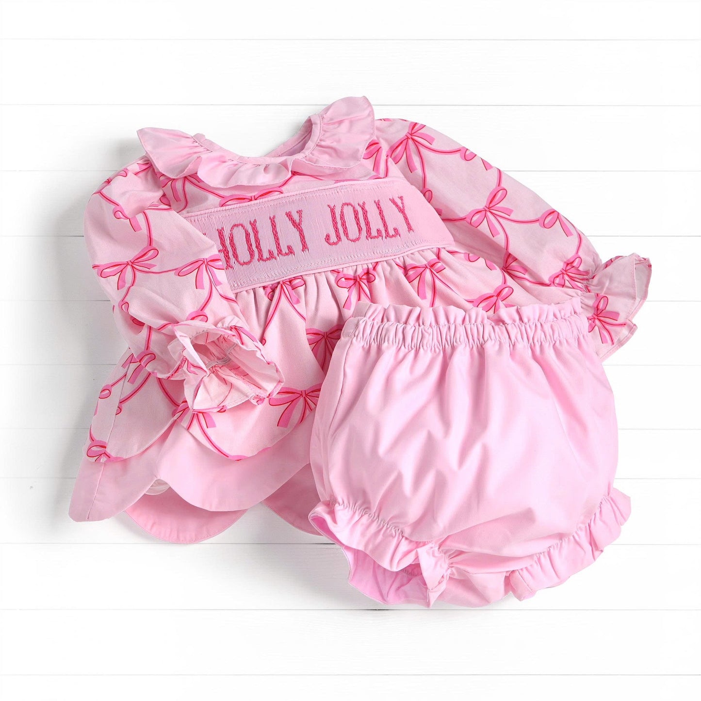 Holly Jolly Smocked Diaper Set, Pink