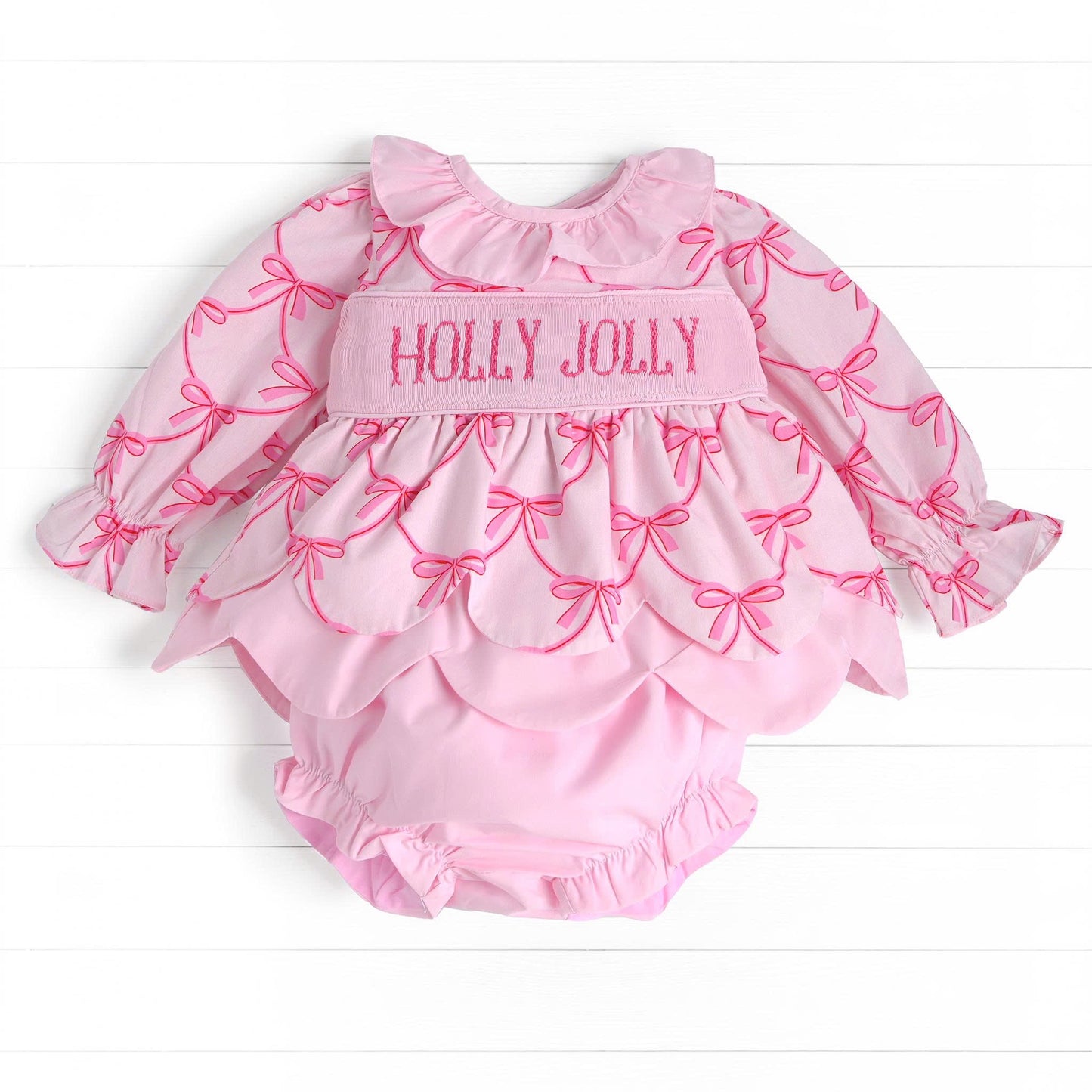 Holly Jolly Smocked Diaper Set, Pink
