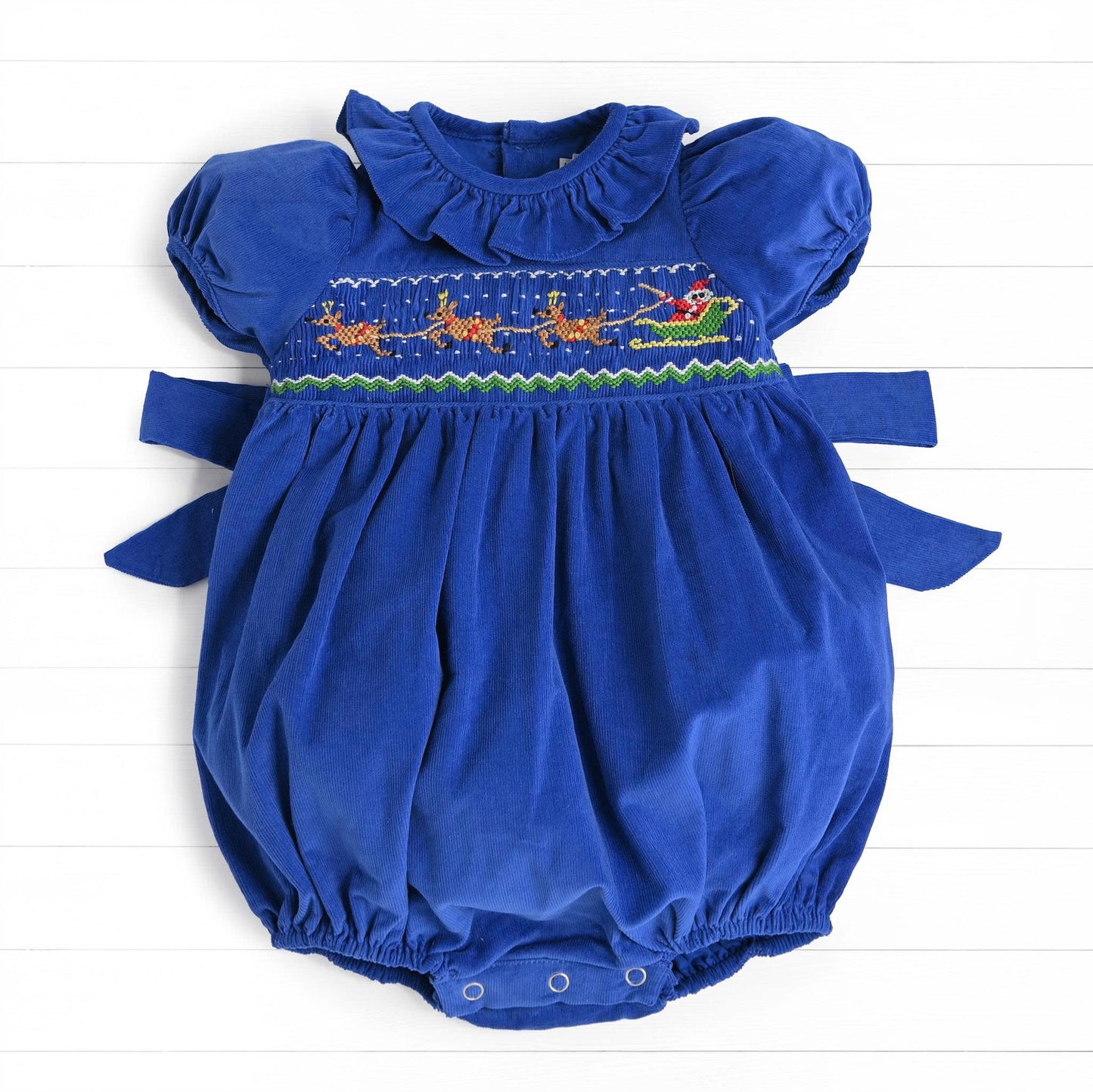 Santa & Reindeers Smocked Bubble, Blue