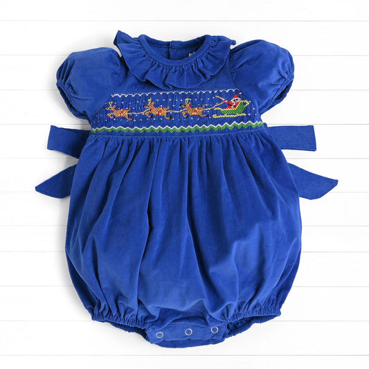 Santa & Reindeers Smocked Bubble, Blue