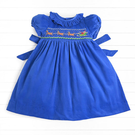 Santa & Reindeers Smocked Dress, Blue