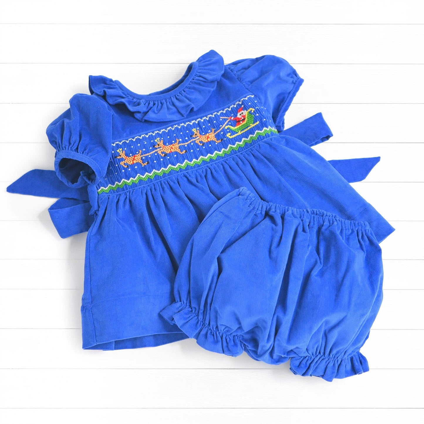 Santa & Reindeers Smocked Diaper Set, Blue