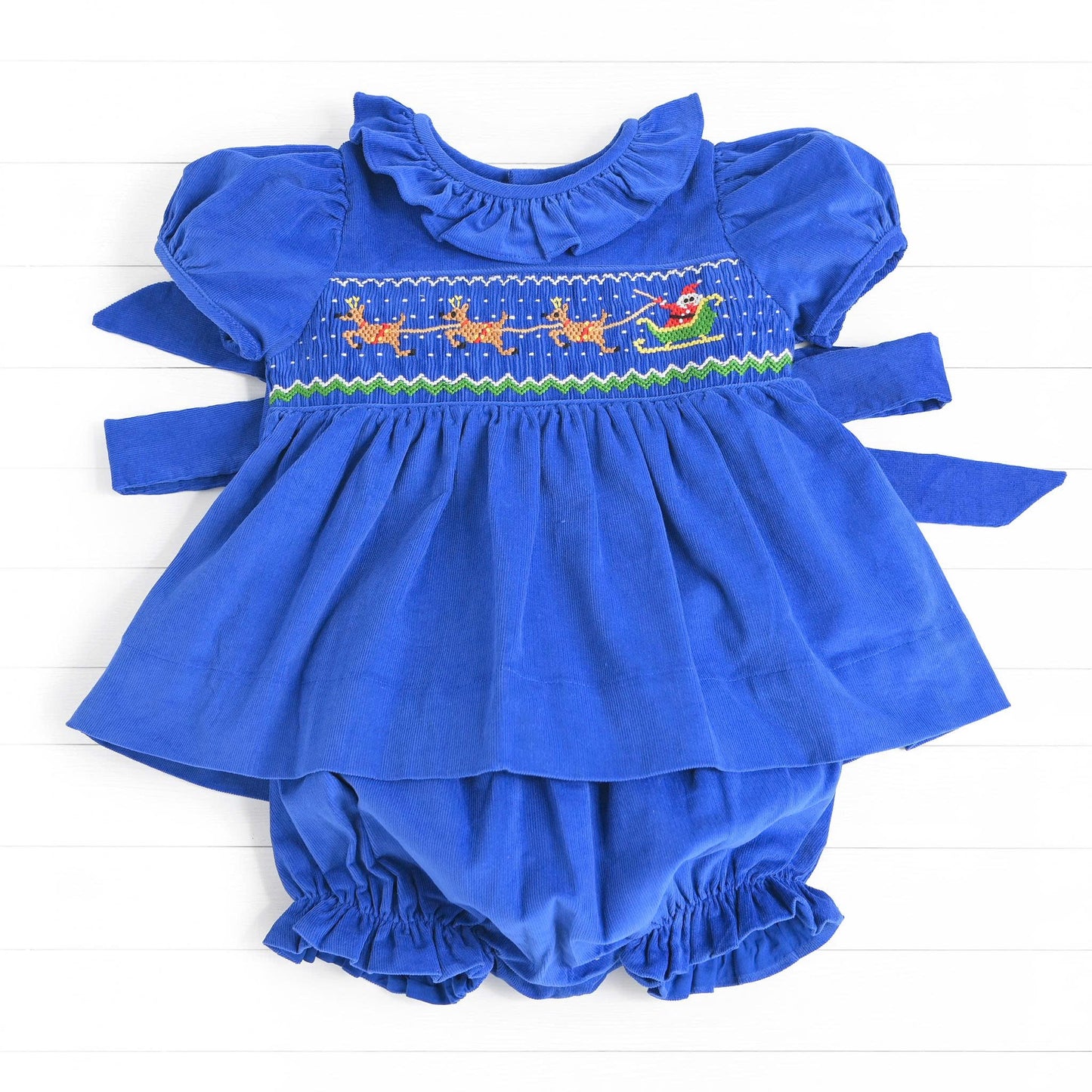 Santa & Reindeers Smocked Diaper Set, Blue