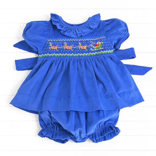 Santa & Reindeers Smocked Diaper Set, Blue