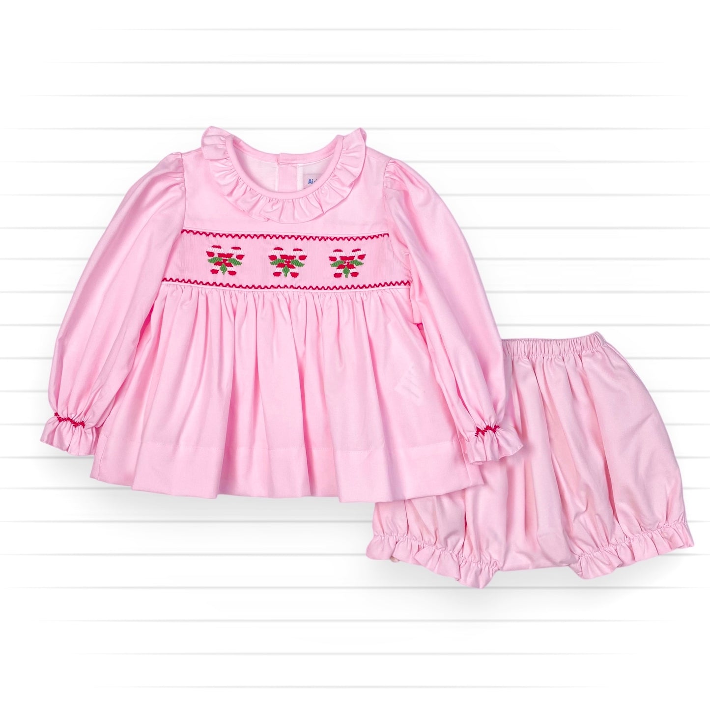 Triple Candy Cane Smocked Diaper Set, Pink