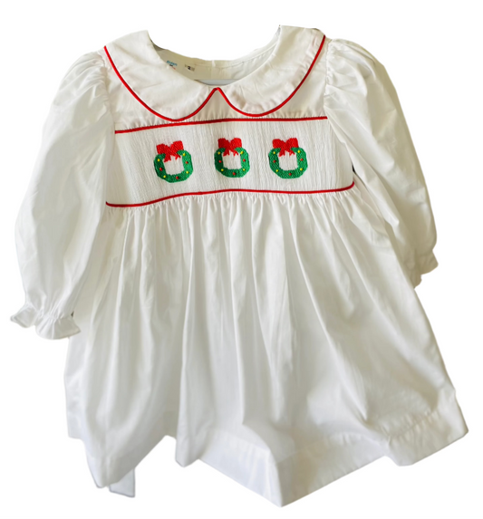Triple Wreath Red Bow Smocked Dress, White