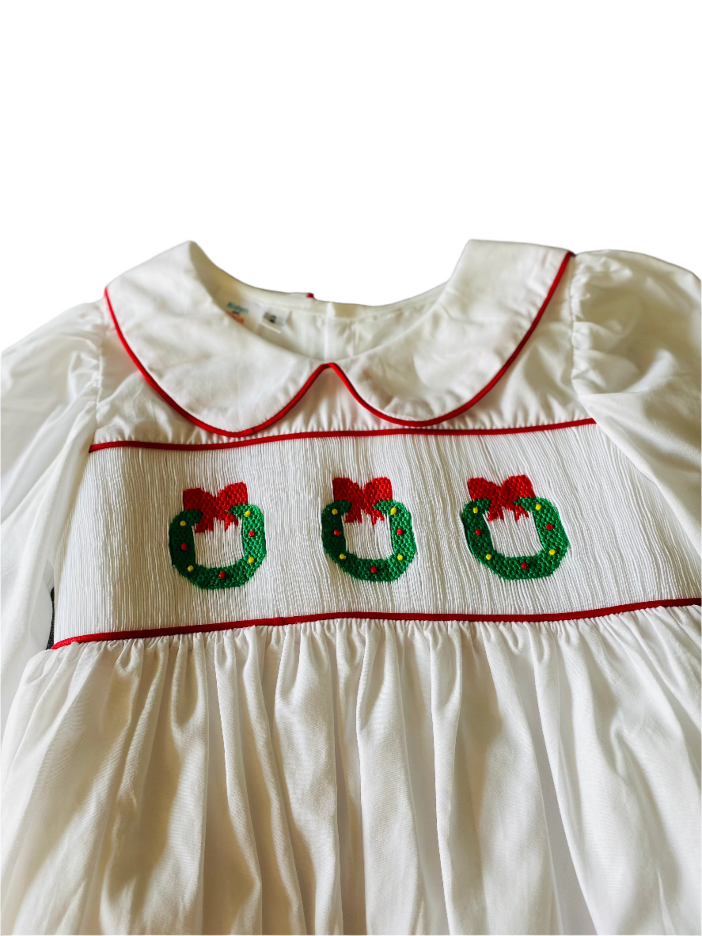 Triple Wreath Red Bow Smocked Dress, White