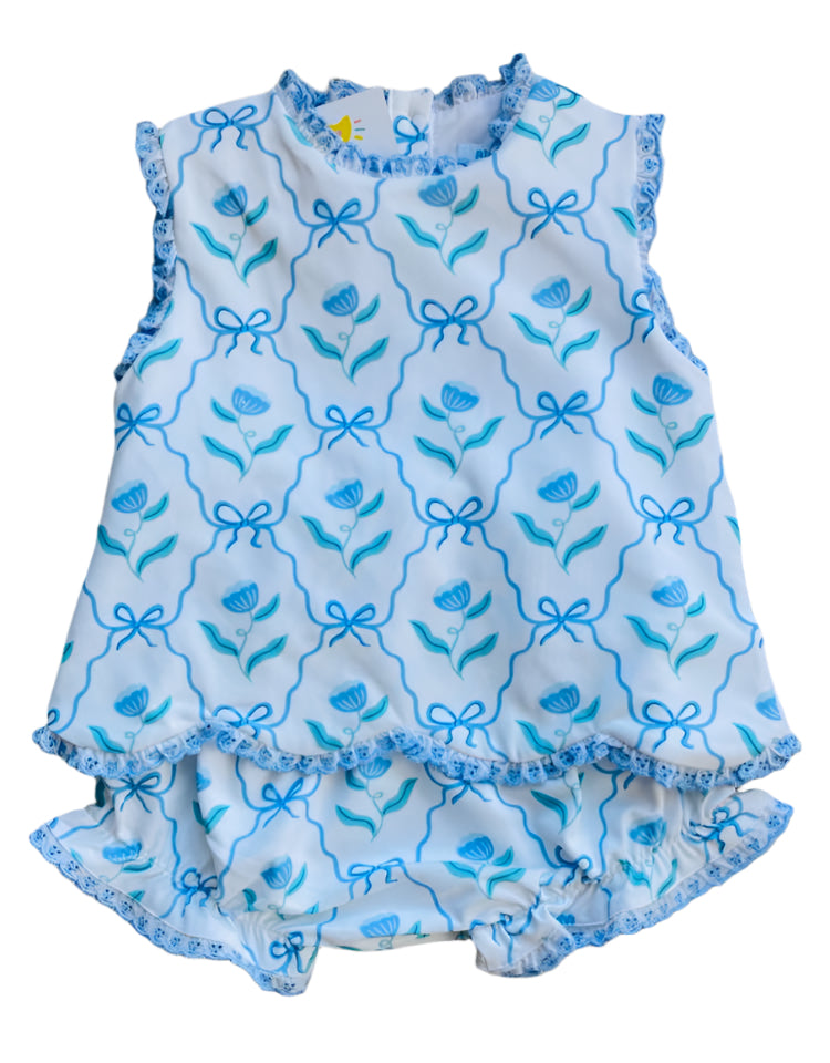 Floral Bow Print Eyelet Trim Diaper Set, Blue