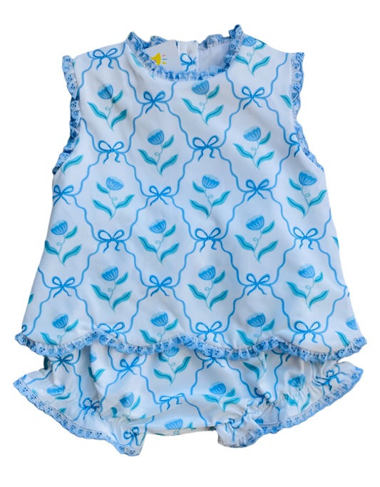 Floral Bow Print Eyelet Trim Diaper Set, Blue