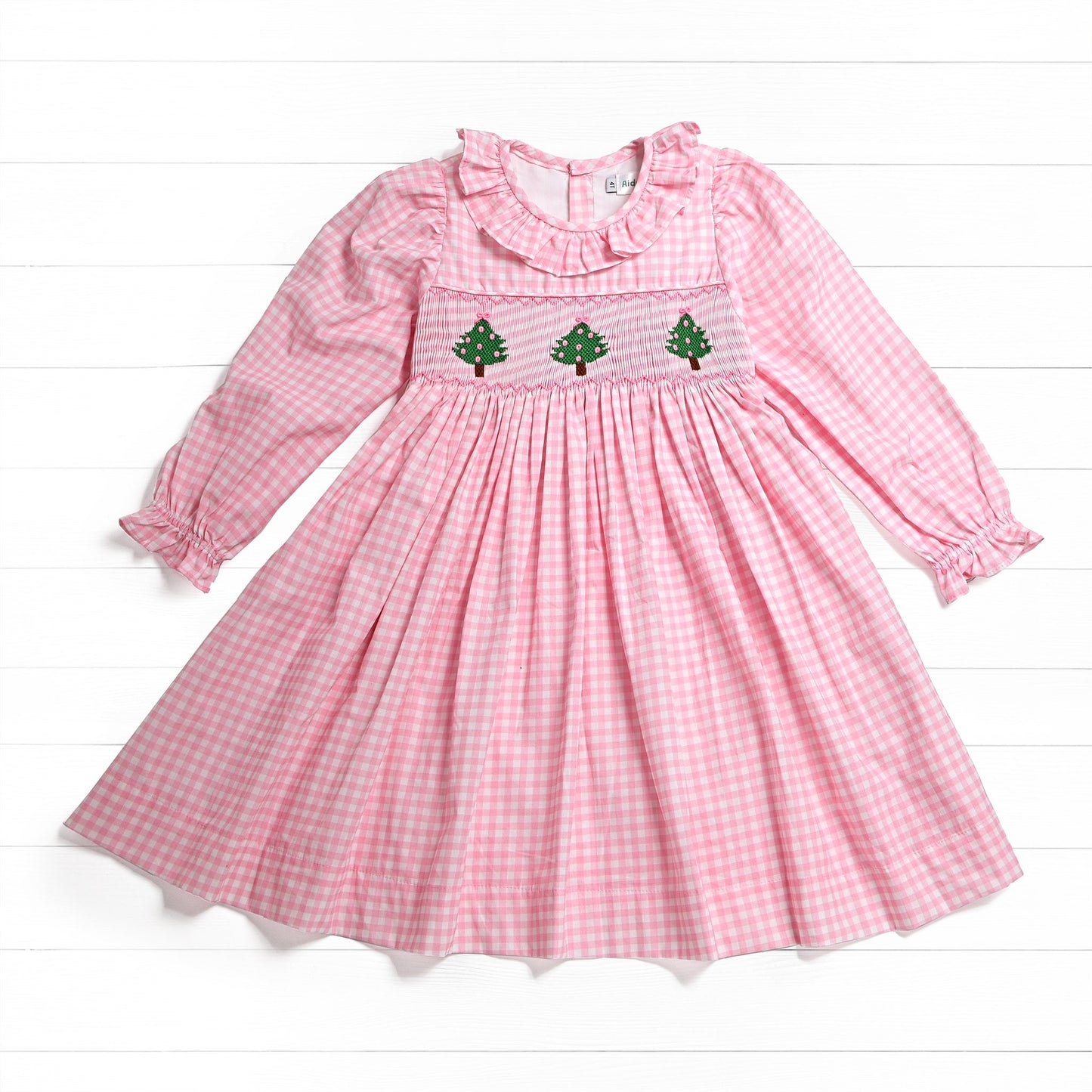 Christmas Tree Bow Smock Dress, Pink