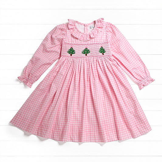 Christmas Tree Bow Smock Dress, Pink