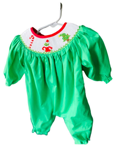 Grinch Smocked Romper, Green