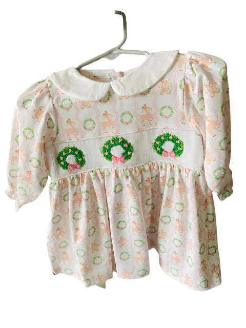 Triple Wreath Pink Bow Smocked Dress